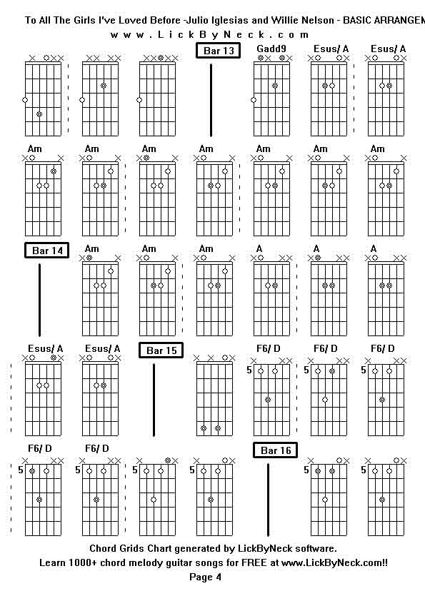 Chord Grids Chart of chord melody fingerstyle guitar song-To All The Girls I've Loved Before -Julio Iglesias and Willie Nelson - BASIC ARRANGEMENT,generated by LickByNeck software.